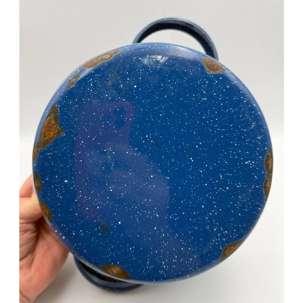 Vintage Farmhouse Royal Blue Speckled Enamel Stock Pot Graniteware Distressed